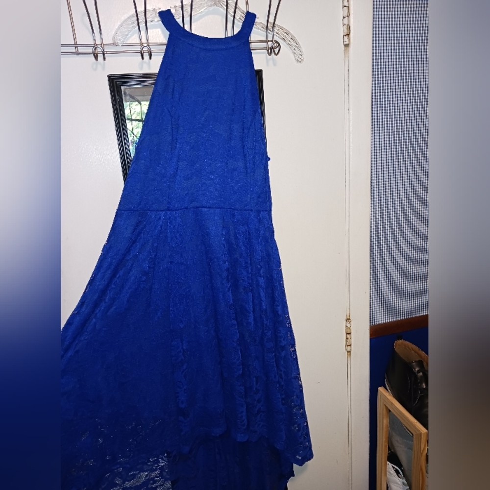 Royal Blue halter top lace high low dress